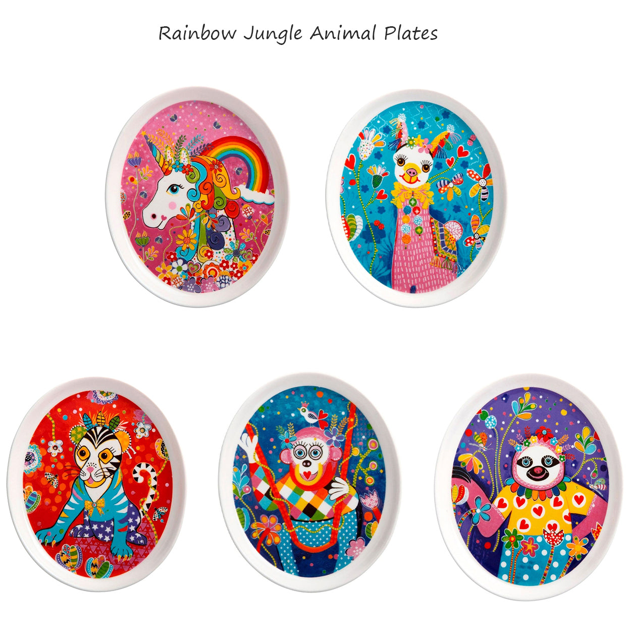 5 Rainbow Jungle Animal Plates